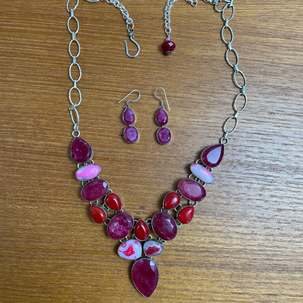 NEW Gorgeous Raw Ruby, Coral, & Quartz Sterling Silver Necklace/Ruby Earrings
